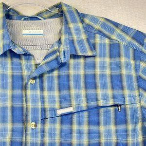 COLUMBIA Mens XL Blue Plaid Shirt Omni Plaid Performance Short Sleeve Casual